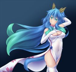 Rule 34 | 1girl, animal ears, blue eyes, blue hair, breasts, china dress, chinese clothes, cleavage, cleavage cutout, clothing cutout, dress, elbow gloves, gloves, gradient hair, hand on own chest, hand on own head, kuromiya, large breasts, long hair, matching hair/eyes, minataka tatsuki (kuromiya), multicolored hair, original, side slit, solo, tail, thighhighs, thighs, white thighhighs