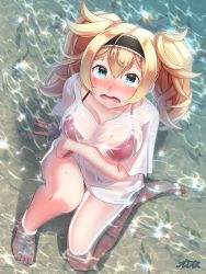 Rule 34 | 1girl, arm support, arm under breasts, artist name, barefoot, bikini, bikini under clothes, blonde hair, blue eyes, blush, breasts, caustics, commentary request, day, dot nose, fish, from above, gambier bay (kancolle), hair between eyes, hairband, highres, kantai collection, knee up, large breasts, long hair, open mouth, outdoors, partially submerged, red bikini, see-through, shirt, sidelocks, signature, sitting, soba chatarou (tita), solo, swimsuit, t-shirt, tearing up, twintails, wet, wet clothes, white shirt