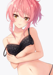 1girl bare_shoulders black_bra black_panties blush bra breasts cleavage collarbone commentary_request idolmaster idolmaster_cinderella_girls idolmaster_cinderella_girls_starlight_stage jougasaki_mika long_hair looking_at_viewer medium_breasts namidako navel panties pink_hair smile solo underwear upper_body yellow_eyes