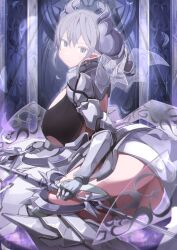 Rule 34 | 1girl, armor, breasts, demon wings, female focus, grey eyes, grey hair, highres, horns, huge breasts, lady labrynth of the silver castle, looking at viewer, lovely labrynth of the silver castle, low wings, revealing clothes, sakuragi raia, sword, tagme, thighs, transparent wings, weapon, wings, yu-gi-oh!