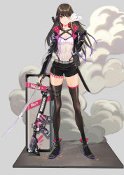 Rule 34 | 1girl, absurdres, assault rifle, belt, black footwear, black gloves, black jacket, black shorts, black thighhighs, boots, breasts, brown eyes, brown hair, cartridge, chuck (harfmoondark), counter-strike (series), counter-strike 2, floor, girls&#039; frontline, gloves, gun, headphones, highres, holding, holding sword, holding weapon, jacket, jewelry, long hair, looking at viewer, m4 carbine, m4a1 (girls&#039; frontline), multicolored hair, nail polish, open clothes, open jacket, purple nails, rifle, ring, scar, scar across eye, scar on face, shirt, shorts, single glove, small breasts, smoke, solo, standing, sword, sword behind back, thighhighs, weapon, weapon case, white shirt