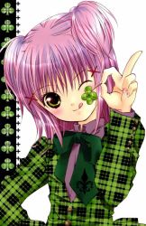 Rule 34 | 1girl, blush, clover, clubs, four-leaf clover, hinamori amu, jewelry, looking at viewer, official art, one eye closed, peach-pit, pink hair, ribbon, scan, short hair, shugo chara!, smile, solo, tongue, wink, yellow eyes