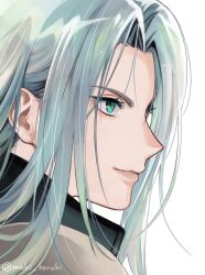 Rule 34 | 1boy, aqua eyes, armor, black jacket, closed mouth, facing to the side, final fantasy, final fantasy vii, final fantasy vii remake, grey hair, high collar, highres, jacket, long bangs, long hair, maki haruki, male focus, parted bangs, portrait, sephiroth, shoulder armor, slit pupils, smile, solo, twitter username, upper body, white background