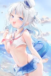 Rule 34 | 1girl, absurdres, alternate costume, bare shoulders, beach, blue eyes, blue hair, blue nails, blue sailor collar, blue skirt, breasts, cloud, cloudy sky, crop top, fins, fish tail, gawr gura, hair ornament, hat, highres, hololive, hololive english, jewelry, medium hair, midriff, mini hat, miniskirt, multicolored hair, navel, open mouth, panty straps, pendant, petite, sailor collar, shark girl, shark hair ornament, shark tail, sharp teeth, shirohato nui, skirt, sky, small breasts, solo, streaked hair, tail, teeth, two side up, virtual youtuber, white hair