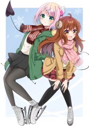 2girls ahoge black_pantyhose black_skirt black_thighhighs blue_background blush brown_coat chinami_ura chiyoda_momo coat curled_horns demon_girl demon_horns demon_tail green_coat green_eyes hair_ornament hairclip hands_in_pockets hands_on_own_knees highres horns ice_skates long_hair looking_at_viewer machikado_mazoku multiple_girls open_mouth orange_eyes pantyhose pink_hair pink_scarf plaid_clothes plaid_scarf plaid_skirt pleated_skirt red_hair red_scarf red_skirt scarf short_hair skates skirt snowflakes tail thighhighs winter_clothes yoshida_yuuko_(machikado_mazoku) zettai_ryouiki