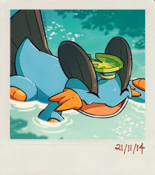 Rule 34 | :d, artist name, border, commentary, creatures (company), dated, closed eyes, fang, game freak, gen 3 pokemon, grey border, highres, lotad, nintendo, on head, open mouth, pokemon, pokemon (creature), pokemon on head, riding, riding pokemon, ripples, smile, swampert, swimming, teletelo, tongue, water