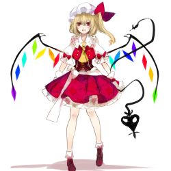 Rule 34 | 1girl, ascot, bad id, bad pixiv id, blonde hair, bow, daimaou ruaeru, flandre scarlet, hat, hat bow, laevatein, mob cap, open mouth, puffy short sleeves, puffy sleeves, red eyes, sash, shirt, short sleeves, side ponytail, skirt, skirt set, smile, solo, touhou, vest, wings, wrist cuffs