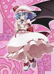 Rule 34 | 1girl, bat wings, blue hair, brooch, dress, fang, hat, hat ribbon, jewelry, lunamoon, mary janes, pink dress, puffy short sleeves, puffy sleeves, red eyes, remilia scarlet, ribbon, sash, shoes, short sleeves, smile, solo, touhou, wings, wrist cuffs