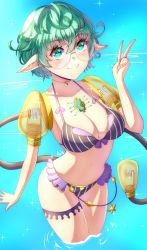 Rule 34 | 1girl, anisdrawn, bikini, breasts, chest jewel, cleavage, cowboy shot, curly hair, glasses, green eyes, highres, pandoria (xenoblade), partially submerged, pointy ears, round eyewear, short hair, smile, solo, striped bikini, striped clothes, swimsuit, tail, v, xenoblade chronicles (series), xenoblade chronicles 2