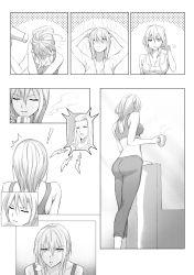 Rule 34 | !, 1boy, 1girl, ^^^, anger vein, antenna hair, arms up, ass, bare shoulders, bra, breasts, brushing teeth, cleavage, closed eyes, collarbone, comic, cup, drying, drying hair, gogo (detteiu de), greyscale, hair between eyes, hair dryer, highres, holding, holding cup, kingdom hearts, larxene, long hair, medium breasts, monochrome, motion lines, mug, nude, open mouth, pants, saix, showering, silent comic, solo focus, sports bra, standing, toothbrush, underwear, v-shaped eyebrows, water, wet, wet hair