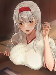 Rule 34 | 1girl, blush, breast rest, breasts, brown eyes, hair ornament, hairband, headband, highres, inusaka, japanese clothes, kantai collection, kimono, large breasts, long hair, long sleeves, looking at viewer, open mouth, shoukaku (kancolle), silver hair, smile, solo, white kimono, wide sleeves