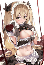 Rule 34 | 1girl, absurdres, apron, black ribbon, blonde hair, blush, breasts, brown eyes, candy, chocolate, chocolate heart, chocolate on body, cleavage, closed mouth, finger to mouth, food, food on body, frilled apron, frills, gloves, hair between eyes, heart, highres, large breasts, long hair, looking at viewer, maid, maid apron, maid headdress, navel, original, r10c, revealing clothes, ribbon, simple background, smile, solo, twintails, waist apron, white apron