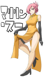 Rule 34 | 1girl, :3, akatsuki blitzkampf, bare shoulders, black gloves, breasts, china dress, chinese clothes, clothes lift, dress, dress lift, folded ponytail, full body, gloves, heels, highres, hiya (dkr), large breasts, leg strap, long legs, looking at viewer, marilyn sue, orange eyes, shoes, short hair, sleeveless, smile