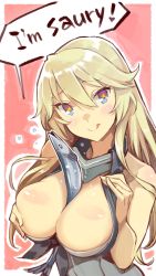 Rule 34 | 10s, 1girl, :q, animal between breasts, between breasts, blonde hair, blue eyes, blush, breast hold, breasts, cleavage, english text, fish, highres, iowa (kancolle), kantai collection, large breasts, long hair, no headwear, no headwear, nonco, pun, sleeveless, smile, solo, star-shaped pupils, star (symbol), symbol-shaped pupils, tongue, tongue out