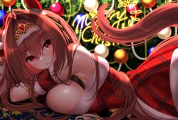 Rule 34 | 1girl, animal ears, bare shoulders, breasts, brown hair, christmas, christmas ornaments, christmas tree, commentary request, daiwa scarlet (scarlet nuit etoile) (umamusume), daiwa scarlet (umamusume), detached sleeves, dress, from side, fur-trimmed dress, fur-trimmed sleeves, fur trim, hair between eyes, hair intakes, highres, horse ears, horse girl, horse tail, large breasts, looking at viewer, looking to the side, lying, merry christmas, on stomach, parted lips, plaid, plaid dress, plaid sleeves, red dress, red eyes, red sleeves, solo, tail, tiara, umamusume, yunagi amane