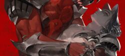 Rule 34 | 2boys, armor, closed eyes, demon, glvlhippy, hand on another&#039;s head, highres, kayn (league of legends), league of legends, long hair, male focus, multiple boys, muscular, muscular male, parted bangs, red background, rhaast, scar, scar on face, shoulder armor, simple background, topless, upper body
