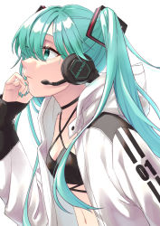 Rule 34 | 1girl, alternate costume, aqua eyes, aqua hair, aqua nails, arm at side, breasts, close-up, collarbone, copyright name, crop top, double vertical stripe, expressionless, eyelashes, fingernails, from side, glowing, hair between eyes, halterneck, hand up, hatsune miku, headphones, highres, hood, hood down, hooded jacket, jacket, long hair, looking afar, midriff, mitora nao, nail polish, navel, number print, open clothes, open jacket, parted lips, profile, simple background, sleeves past wrists, small breasts, solo, straight hair, twintails, upper body, very long hair, vocaloid, white background, white jacket