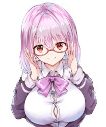 Rule 34 | 10s, 1girl, adjusting eyewear, bow, breasts, button gap, closed mouth, collared shirt, commentary request, gridman universe, hands up, head tilt, jacket, large breasts, melings (aot2846), off shoulder, pink bow, pink hair, purple jacket, red-framed eyewear, red eyes, revision, semi-rimless eyewear, shinjou akane, shirt, smile, solo, ssss.gridman, under-rim eyewear, upper body, white background, white shirt