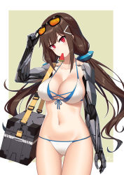 Rule 34 | 1girl, absurdres, adjusting eyewear, bag, bikini, breasts, brown hair, cleavage, collarbone, eyewear on head, food, food in mouth, fruit, girls&#039; frontline, hand on eyewear, highres, jiafei2o3, js 9 (girls&#039; frontline), js 9 (orca&#039;s journey) (girls&#039; frontline), long hair, looking at viewer, mechanical arms, medium breasts, mole, mole under eye, mouth hold, navel, official alternate costume, popsicle, red eyes, simple background, single mechanical arm, solo, sunglasses, swimsuit, watermelon, watermelon bar, white bikini