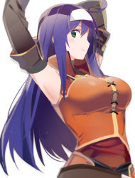 Rule 34 | 1girl, ahoge, armpits, arms up, black gloves, blue hair, breasts, elbow gloves, fire emblem, fire emblem: path of radiance, fire emblem: radiant dawn, gloves, green eyes, headband, hekino (aoruri), large breasts, long hair, looking at viewer, mia (fire emblem), nintendo, profile, shirt, simple background, sleeveless, smile, solo, straight hair, upper body, vest, white background