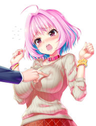 Rule 34 | 1boy, 1girl, blue hair, blush, breasts, brown sweater, collar, covered erect nipples, fingernails, hair intakes, idolmaster, idolmaster cinderella girls, impossible clothes, impossible sweater, large breasts, long sleeves, multicolored hair, nipple stimulation, nipple tweak, open mouth, pink eyes, pink hair, scrunchie, short hair, simple background, solo focus, striped clothes, striped scrunchie, sweater, tears, teeth, two-tone hair, white background, wrist scrunchie, yellow scrunchie, yumemi riamu, zless