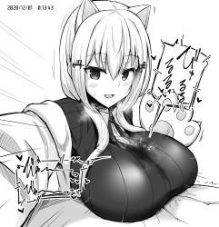 1boy 1girl animal_ears animal_hands blush breasts cat_ears cat_paws cum cum_on_body cum_on_breasts cum_on_upper_body dated hair_ornament hakase_fuyuki hetero highres large_breasts looking_at_viewer medium_hair monochrome nijisanji noumu_(pixiv) paizuri paizuri_under_clothes ribbon sound_effects sweatdrop sweater twintails virtual_youtuber