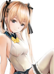 Rule 34 | 1girl, blush, bow, breasts, dead or alive, grey eyes, hair ribbon, halterneck, halterneck, impossible clothes, impossible shirt, long hair, looking at viewer, marie rose, medium breasts, nannacy7, ribbon, shirt, skirt, smile, solo, thighhighs, twintails, white background, white thighhighs