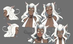 Rule 34 | 1girl, accio, animal ears, annoyed, bad id, bad twitter id, bare shoulders, blush, cat ears, circlet, closed mouth, collar, collarbone, commentary request, dark skin, fang, final fantasy, final fantasy xiv, green eyes, grey background, holding, jewelry, long hair, looking at viewer, multiple views, open mouth, parted bangs, sleeveless, smile, white hair
