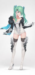 Rule 34 | 1girl, absurdres, black gloves, black thighhighs, blue hair bow, boots, breasts, card, cleavage, closed mouth, covered navel, full body, gloves, green eyes, green hair, grey background, hair ornament, hairclip, hatsune miku, high heel boots, high heels, highres, holding, holding card, holding sword, holding weapon, leotard, long hair, r/h, rapier, shrug (clothing), small breasts, solo, standing, sword, thigh boots, thighhighs, twintails, vocaloid, weapon, white footwear, white leotard