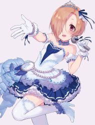 Rule 34 | 10s, 1girl, absurdres, bad id, bad pixiv id, bags under eyes, bare shoulders, bead bracelet, beads, blonde hair, blush, bracelet, dress, earrings, gloves, hair over one eye, highres, idolmaster, idolmaster cinderella girls, idolmaster cinderella girls starlight stage, jewelry, looking at viewer, microphone, necklace, open mouth, pearl necklace, pocket watch, red eyes, shirasaka koume, short hair, smile, solo, tamaext, thighhighs, tiara, watch, white dress, white gloves, white thighhighs