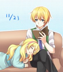 Rule 34 | 1boy, 1girl, bad id, bad pixiv id, black pants, blonde hair, blue dress, blue eyes, blue neckwear, book, brother and sister, brown upholstery, couch, dated, digimon, digimon savers, dress, closed eyes, green vest, hairband, highres, crossed legs, long hair, lying, necktie, open book, pants, polka dot, polka dot background, reading, relena norstein, short hair, siblings, sitting, sleeping, smile, tomato-ed, touma h. norstein, vest