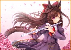 Rule 34 | 1girl, absurdres, animal ears, blush, bow, closed mouth, daiichi ruby (umamusume), dated, flower, flute, hair bow, hair ornament, highres, horse ears, horse girl, horse tail, instrument, looking at viewer, music, one eye closed, petals, playing instrument, purple eyes, rururugegegege, simple background, solo, tail, twitter username, umamusume, white background