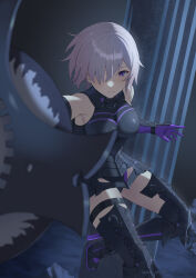 Rule 34 | 1girl, absurdres, armor, armored boots, armored leotard, bare shoulders, black armor, black footwear, boots, breastplate, closed mouth, commentary, dscreation (alan dwi29), english commentary, fate/grand order, fate (series), gauntlets, hair over one eye, highres, holding, holding shield, leotard, looking at viewer, mash kyrielight, one eye covered, purple eyes, purple hair, shield, short hair, solo, twitter username