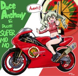 Rule 34 | 1girl, :d, anchovy (girls und panzer), anzio (emblem), artist name, black footwear, black ribbon, blue shorts, brown eyes, character name, commentary request, crop top, cutoffs, dated, denim, denim shorts, detached sleeves, drill hair, ducati, ducati supermono, emblem, english text, fang, flag background, girls und panzer, green hair, hair ribbon, high collar, highres, holding, italian flag, italian text, konkon, logo, long hair, looking at viewer, midriff, motor vehicle, motorcycle, on motorcycle, open mouth, red shirt, red sleeves, ribbon, riding crop, shirt, shoes, short shorts, shorts, signature, skin fang, sleeveless, sleeveless shirt, smile, solo, text background, translated, twin drills, twintails