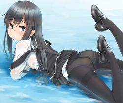 Rule 34 | 10s, 1girl, asashio (kancolle), ass, black hair, black pantyhose, blue eyes, commentary, crotch seam, dress, highres, kantai collection, loafers, long hair, looking at viewer, lying, on stomach, panties, panties under pantyhose, pantyhose, partially submerged, pinafore dress, retsumaru, school uniform, shoes, sleeveless, sleeveless dress, solo, suspenders, the pose, thighband pantyhose, underwear