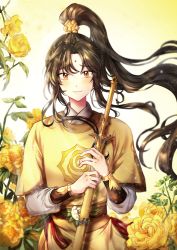 Rule 34 | 1boy, brown eyes, facial mark, flower, forehead mark, highres, jin ling, long hair, long sleeves, looking at viewer, male focus, modao zushi, outdoors, parted bangs, ponytail, solo, sr illust, standing, upper body, yellow flower
