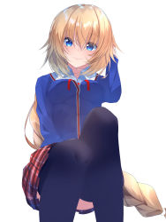 Rule 34 | 1girl, absurdres, arm up, black thighhighs, blonde hair, blue eyes, blue jacket, blush, braid, breasts, closed mouth, collared shirt, commentary request, fate/grand order, fate (series), hair between eyes, head tilt, highres, jacket, jeanne d&#039;arc (fate), jeanne d&#039;arc (ruler) (fate), long hair, looking at viewer, medium breasts, plaid, plaid skirt, pleated skirt, red skirt, school uniform, shirt, simple background, single braid, skirt, smile, solo, squatting, suisen-21, thighhighs, very long hair, white background, white shirt