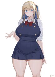 Rule 34 | 1girl, arm at side, armband, aymusk, blonde hair, blue dress, blue eyes, blue hair, blunt bangs, bow, bowtie, breasts, buttons, closed mouth, collared shirt, colored inner hair, curvy, dress, feet out of frame, freckles, hand up, highres, large breasts, light blush, long hair, looking at viewer, multicolored hair, one side up, original, pleated dress, red bow, red bowtie, shirt, short dress, simple background, sleeveless, sleeveless dress, sleeves rolled up, smile, solo, standing, straight hair, two-tone hair, white background, white shirt