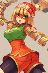 Rule 34 | 1girl, arms (game), ass, bad id, bad twitter id, beanie, blonde hair, chinese clothes, food, green eyes, hat, highres, looking at viewer, mask, min min (arms), nashiki nero, nintendo, noodles, open mouth, short hair, solo