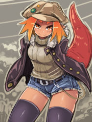 Rule 34 | 1girl, amagaeru (hylathewet), arms behind back, belt, black thighhighs, buttons, dragon girl, eyebrows, fur, hat, highres, jacket, long sleeves, looking at viewer, matching hair/eyes, monster girl, open clothes, open jacket, orange eyes, orange hair, original, pin, pointy ears, ribbed shirt, ryuujin-san (original character), shirt, short eyebrows, short hair, shorts, smile, solo, tail, thighhighs, turtleneck