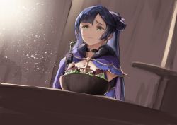 Rule 34 | 1girl, absurdres, black choker, black gloves, blue capelet, blue hair, bowl, capelet, choker, crying, crying with eyes open, dark blue hair, detached sleeves, eating, fork, fur trim, genshin impact, gloves, green eyes, hair behind ear, highres, holding, holding fork, mona (genshin impact), salad, solo, tears, twintails, victear