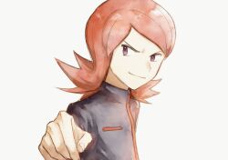 1boy asuka_rkgk closed_mouth creatures_(company) flipped_hair game_freak hand_up highres jacket long_hair long_sleeves looking_to_the_side male_focus nintendo parted_bangs pokemon pokemon_hgss red_hair silver_(pokemon) simple_background smile solo upper_body white_background