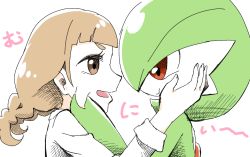 Rule 34 | 2girls, :t, bad id, bad pixiv id, blunt bangs, bob cut, braid, brown eyes, brown hair, cheek pinching, closed mouth, collared shirt, colored skin, creatures (company), eye contact, female focus, from side, game freak, gardevoir, gen 3 pokemon, green hair, green skin, hair over one eye, hand on another&#039;s cheek, hands up, happy, japanese text, long hair, long sleeves, looking at another, matching hair/eyes, muguet, multicolored skin, multiple girls, nintendo, open mouth, original, pinching, pokemon, pokemon (creature), profile, red eyes, shirt, short hair, sidelocks, simple background, sketch, smile, translation request, twin braids, two-tone skin, white background, white shirt, white skin, yuri