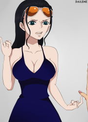 Rule 34 | 1girl, angry, black hair, blue dress, blue eyes, breasts, cleavage, dailene, dress, femdom, glasses, glasses on head, highres, humiliation, large breasts, long hair, looking at penis, nico robin, one piece, penis, small penis, small penis humiliation, sunglasses, sunglasses on head, surprised, tiny gesture, watermark, white background