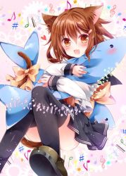 Rule 34 | 10s, 1girl, :d, animal ears, bad id, bad twitter id, black pantyhose, black skirt, black thighhighs, brown eyes, brown hair, cat ears, cat tail, commentary request, fang, hair ornament, hairclip, ikazuchi (kancolle), kantai collection, kemonomimi mode, long sleeves, nogi takayoshi, open mouth, pantyhose, pleated skirt, school uniform, serafuku, short hair, skirt, smile, solo, tail, thighhighs