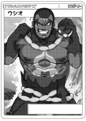Rule 34 | 1boy, abs, bara, bare pectorals, beard, bodysuit, card (medium), clenched hand, cowboy shot, creatures (company), dark-skinned male, dark skin, facial hair, forked eyebrows, full beard, game freak, grin, hands up, highres, holding, holding poke ball, huge eyebrows, large pectorals, looking at viewer, male focus, matt (pokemon), muscular, muscular male, navel, nintendo, nipples, pectorals, poke ball, pokemon, pokemon card, pokemon oras, pokemon tcg, receding hairline, short hair, smile, solo, stomach, strongman waist, thick eyebrows, torn bodysuit, torn clothes, translation request, tsutibuta, uneven eyes