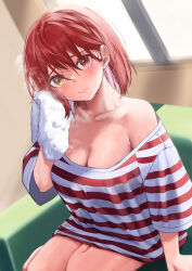 Rule 34 | 1girl, absurdres, arenoyoni, blush, bob cut, breasts, cleavage, collarbone, couch, heterochromia, highres, hololive, houshou marine, large breasts, looking at viewer, naked shirt, off shoulder, red eyes, red hair, shirt, short hair, sitting, solo, steam, striped clothes, striped shirt, t-shirt, towel, vertical-striped clothes, vertical-striped shirt, virtual youtuber, wet, yellow eyes