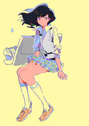 Rule 34 | 1girl, black hair, blue eyes, blue shirt, blue skirt, bracelet, brown footwear, checkered clothes, checkered skirt, chromatic aberration, closed mouth, collared shirt, grey sweater, invisible chair, jewelry, long hair, looking at viewer, original, pleated skirt, shirt, shoes, simple background, sitting, skirt, sleeves rolled up, socks, solo, sweater, ukumo uichi, yellow background