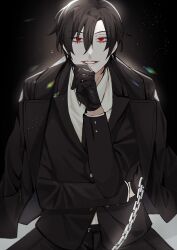 Rule 34 | 100 (artist), 1boy, bishounen, black background, black gloves, black hair, black suit, chain, collared shirt, eyelashes, facing viewer, formal, gloves, glowing, hair between eyes, half-closed eyes, highres, holding, holding leash, jacket, jacket on shoulders, leash, looking at viewer, male focus, pale skin, red eyes, shiki (togainu no chi), shirt, short hair, smile, solo, suit, togainu no chi, upper body