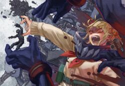 absurdres angry arm_up bandana belt blonde_hair blood boku_no_hero_academia bracelet bubaigawara_jin cardigan fangs glowing glowing_eyes hair_bun highres jewelry messy_hair multiple_hands neckerchief open_mouth reaching red_eyes red_neckerchief toga_himiko yomoyama_yotabanashi